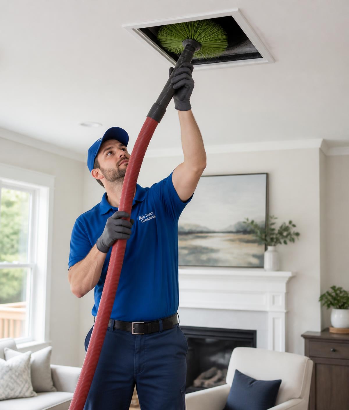 Clean Air Duct NC technician cleaning a ceiling air duct with a rotary brush and vacuum hose in a Raleigh home